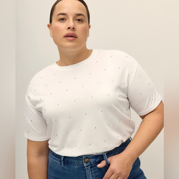 129 NWOT ADDITION ELLE classic white tee with rhinestones - Picture 1 of 7